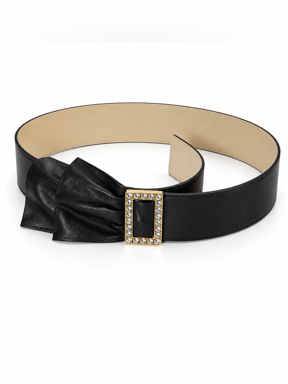 Women’s Black Bow-Accent Leather Waist Belt with Gold Crystal Buckle